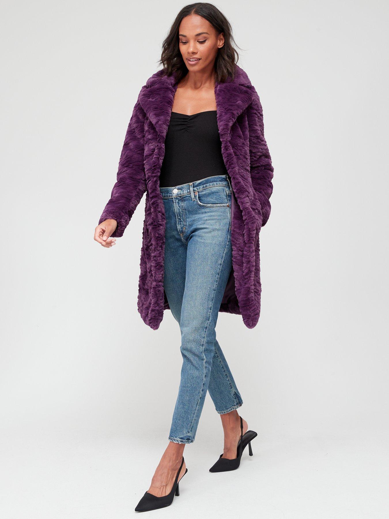  image of v-by-very-textured-faux-fur-coat-deep-plum