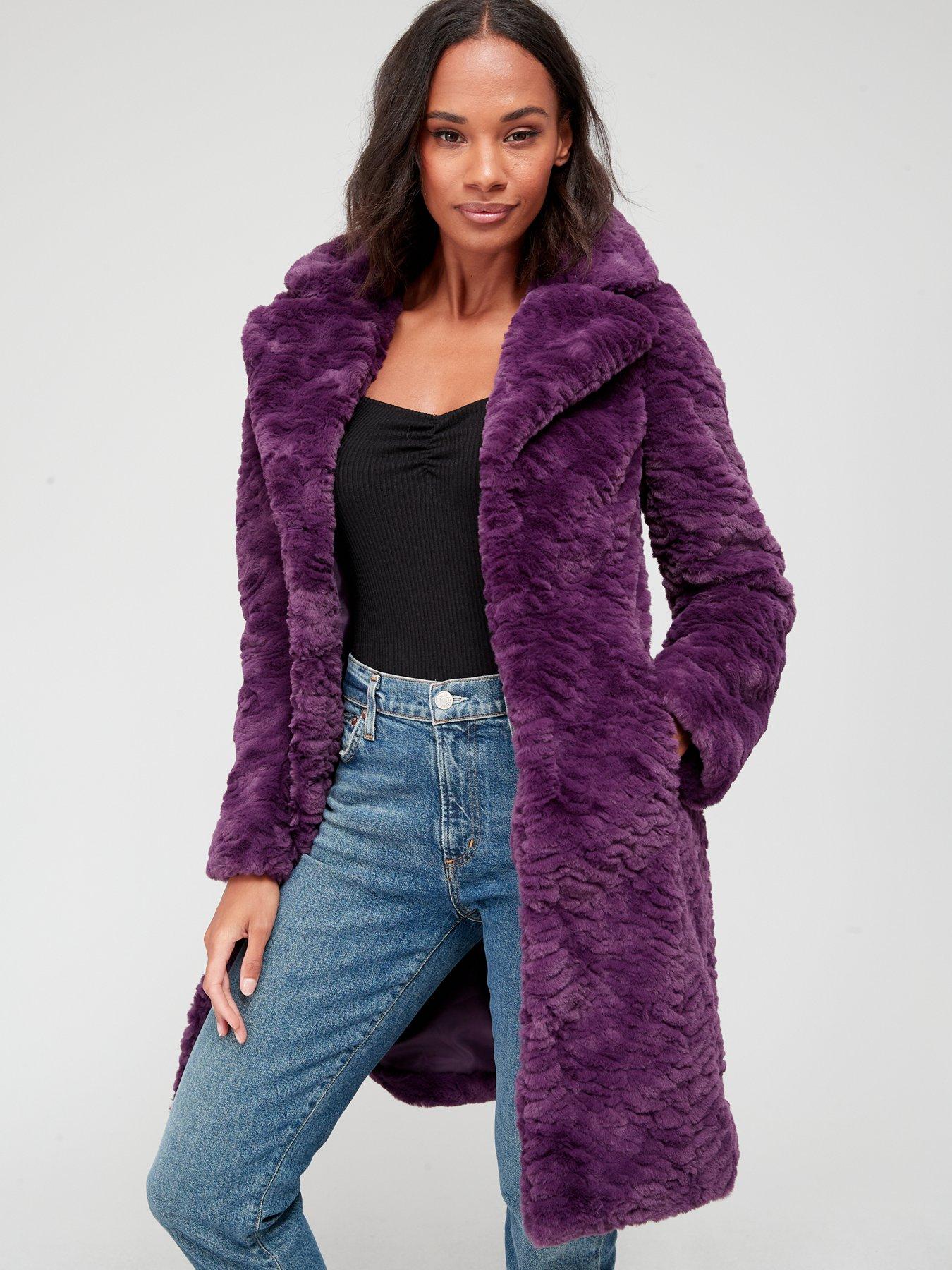 image of v-by-very-textured-faux-fur-coat-deep-plum