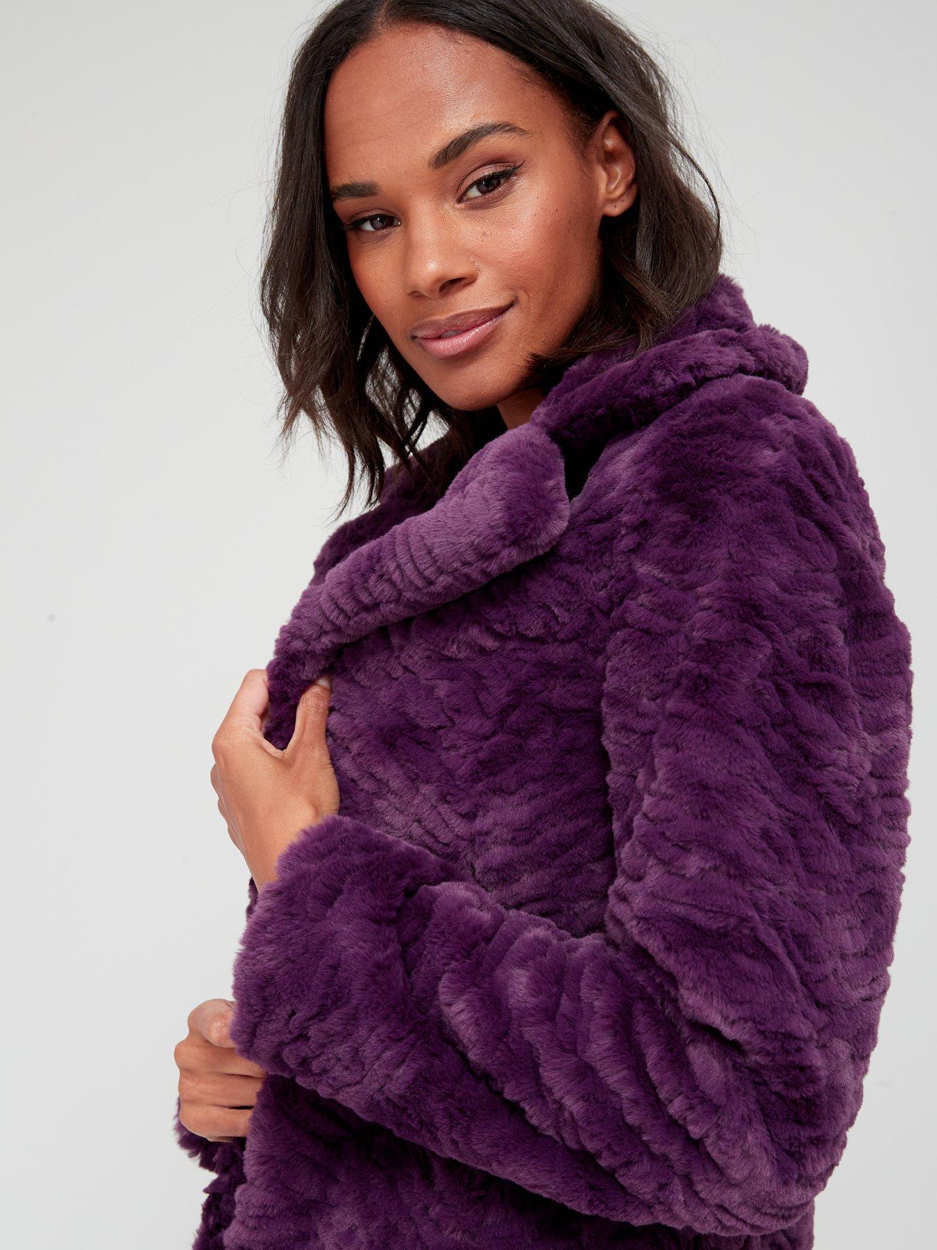  image of v-by-very-textured-faux-fur-coat-deep-plum