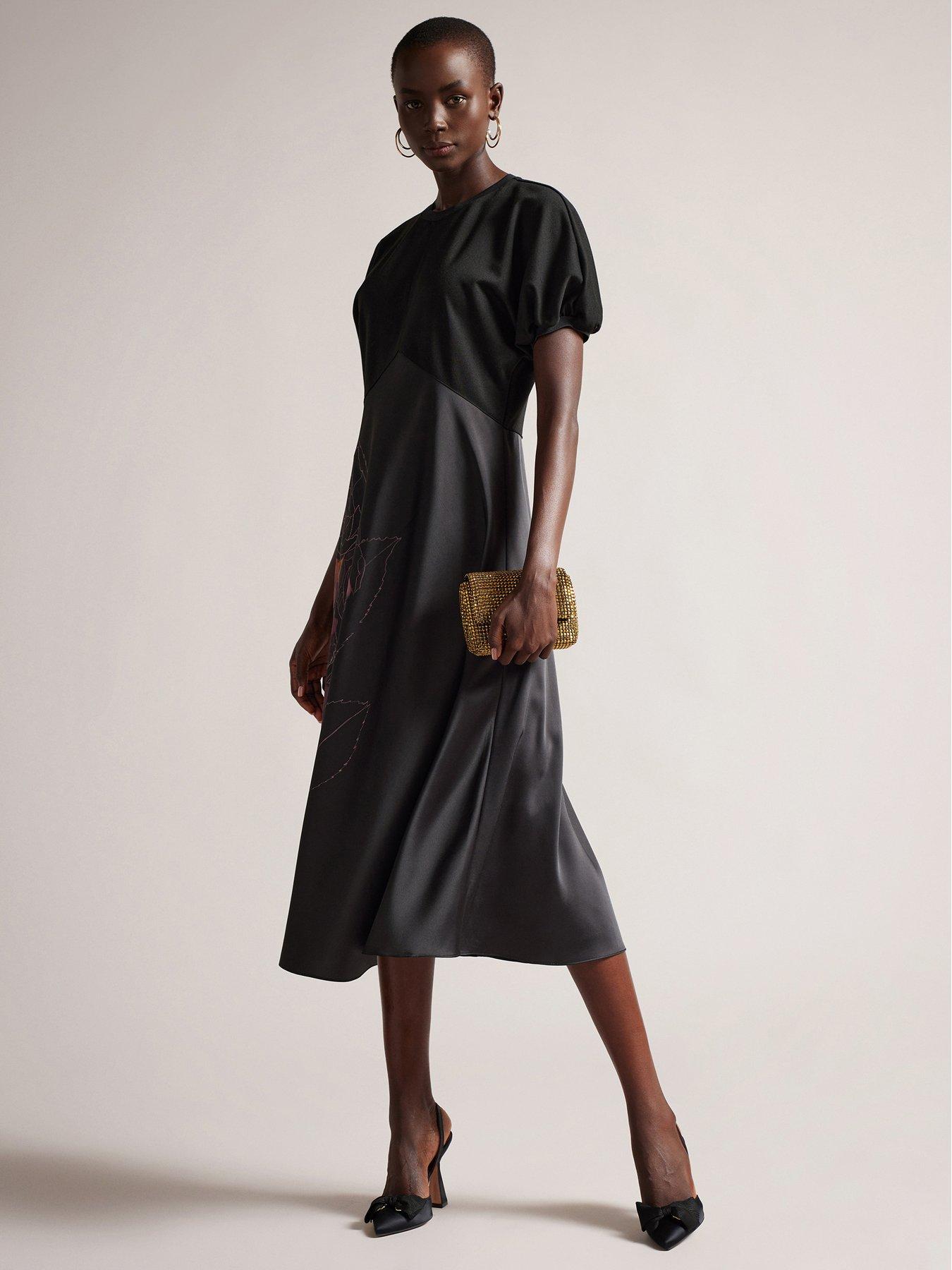 front image of ted-baker-cillaah-ponte-bodice-dress-with-placement-print-black