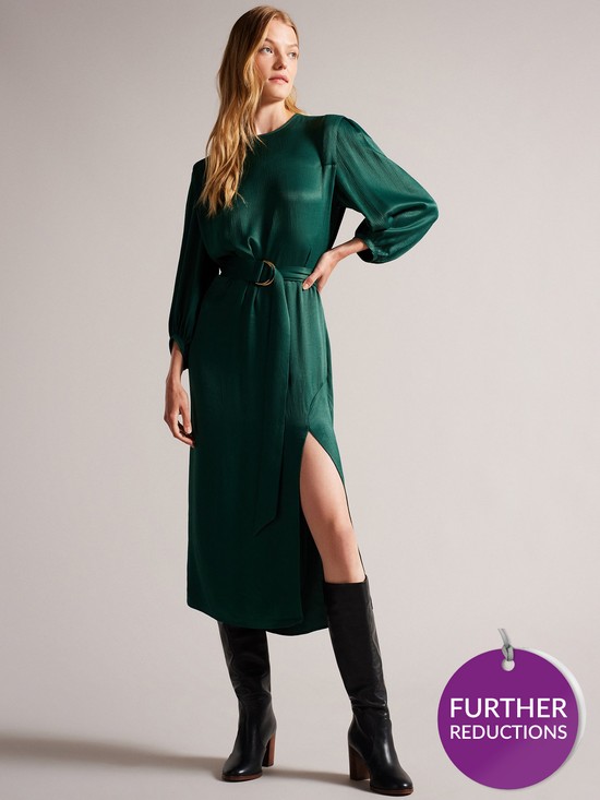 front image of ted-baker-josina-belted-midi-dress-with-exaggerated-shoulder-green
