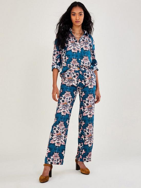 front image of monsoon-mackenzie-linen-print-trousers-teal