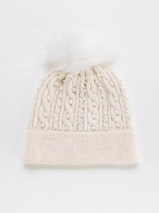 front image of v-by-very-pearl-trim-beanie-with-faux-fur-pom-creamnbsp