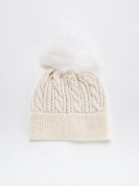 back image of v-by-very-pearl-trim-beanie-with-faux-fur-pom-creamnbsp