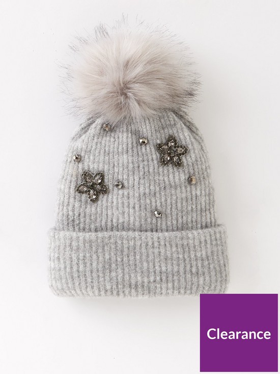 front image of v-by-very-embellished-faux-fur-pom-beanie-light-grey-marl
