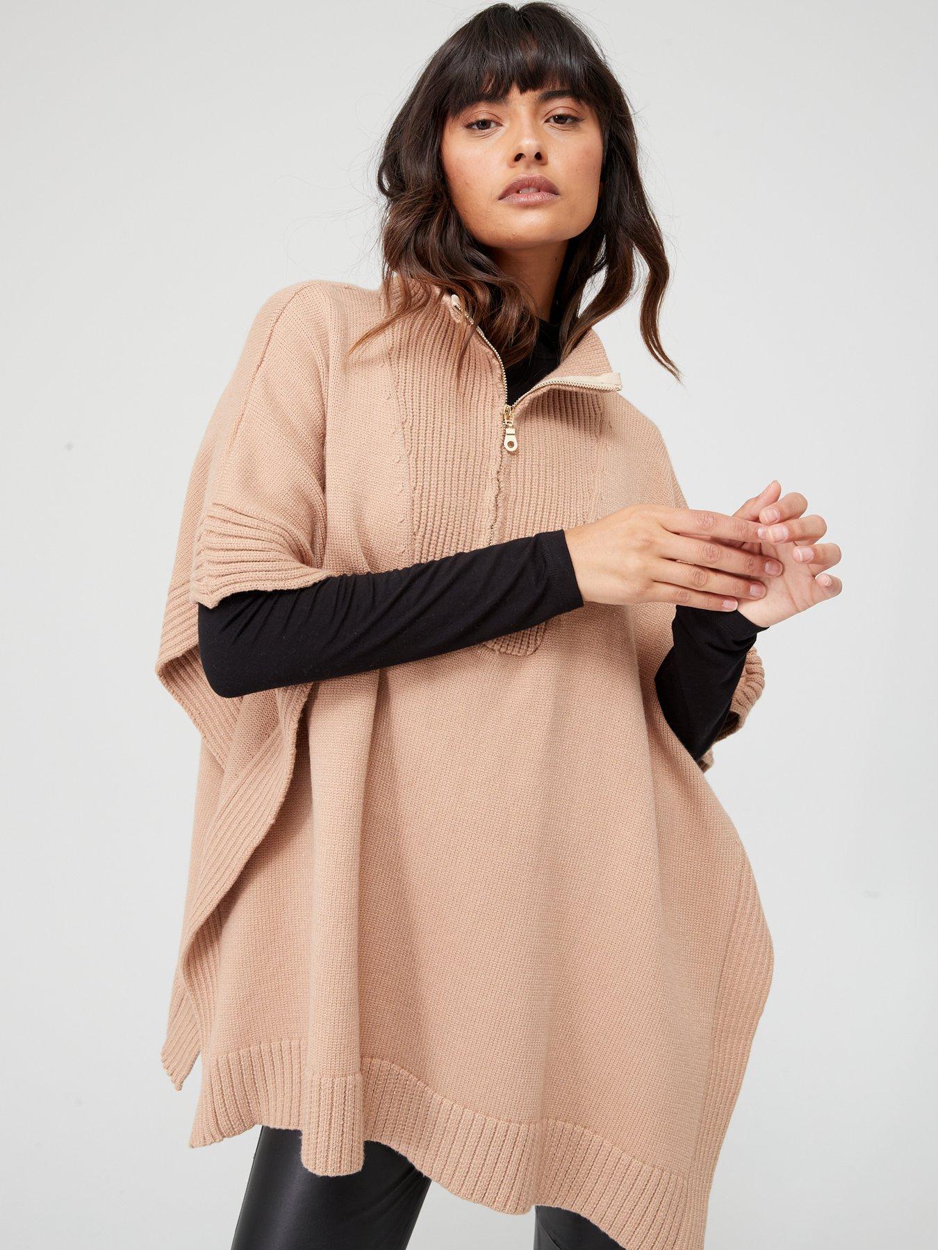 Zip Front Knitted Poncho - Camel