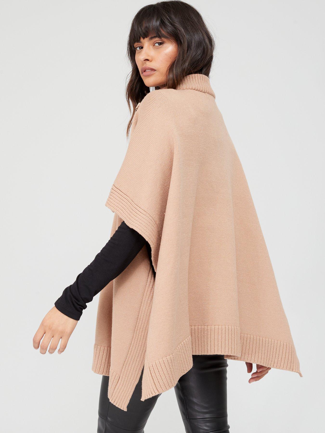 Zip Front Knitted Poncho - Camel