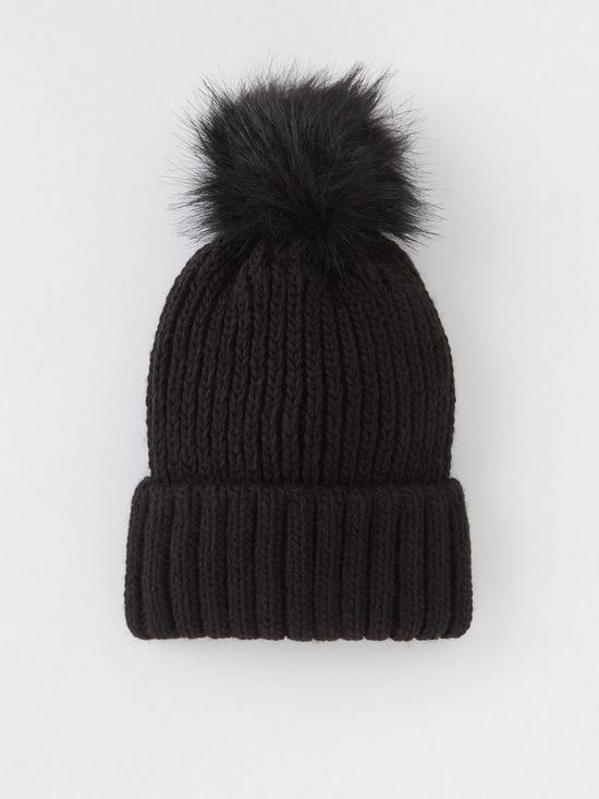 front image of everyday-rib-knit-beanie-with-faux-fur-pom-black