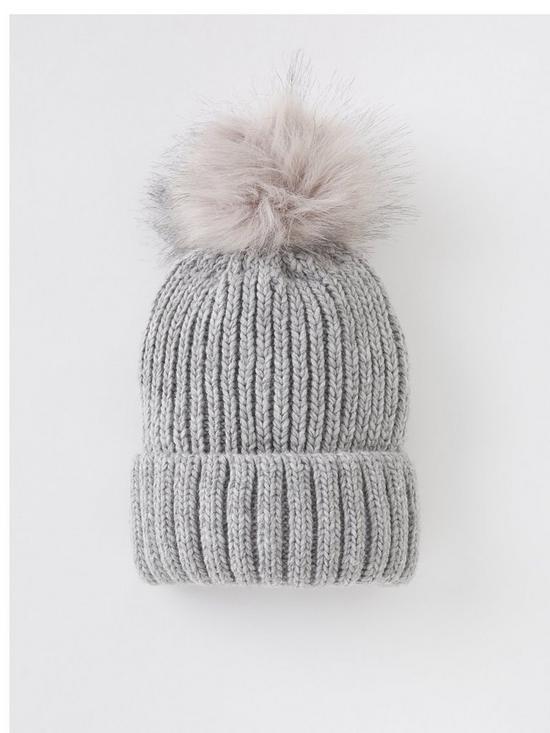 front image of everyday-rib-knit-beanie-with-faux-fur-pom-grey