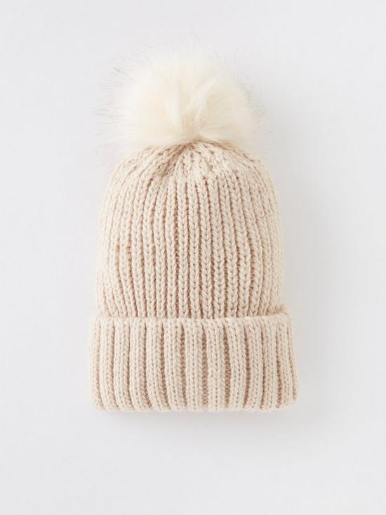 front image of everyday-rib-knit-beanie-with-faux-fur-pom-beige