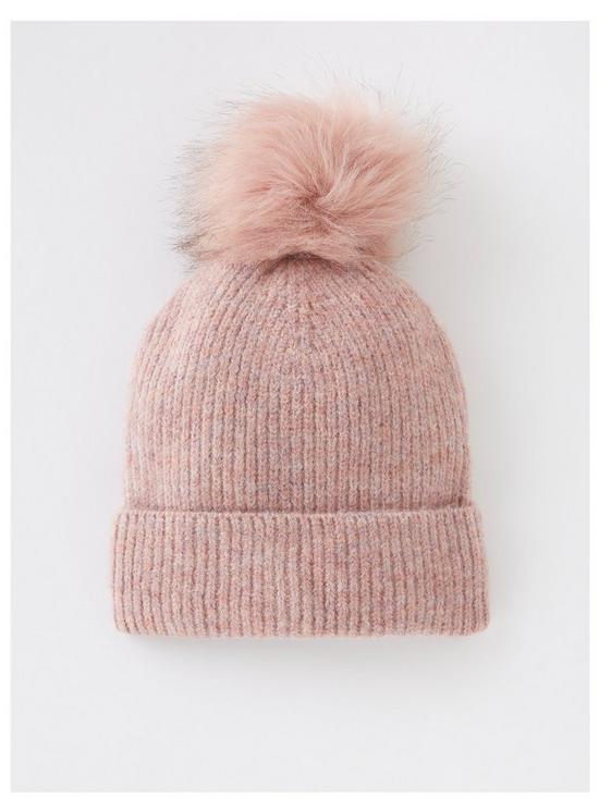 front image of everyday-rib-knit-beanie-with-faux-fur-pom-pink