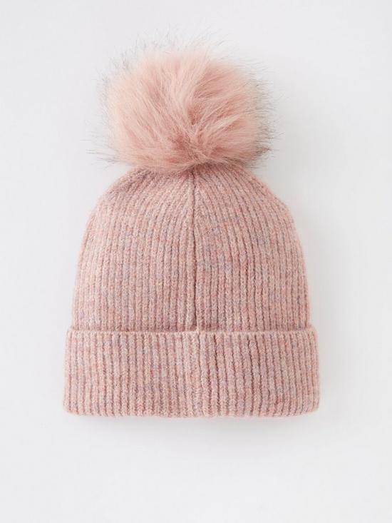 back image of everyday-rib-knit-beanie-with-faux-fur-pom-pink