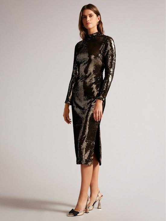 front image of ted-baker-brookly-sequin-tube-dress-with-long-fitted-sleeve-black