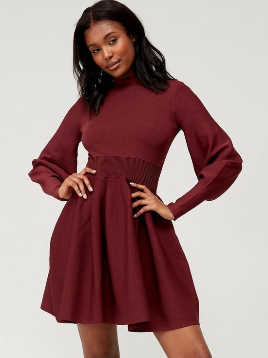 front image of ted-baker-naydine-balloon-sleeve-fitted-skate-dress-purple