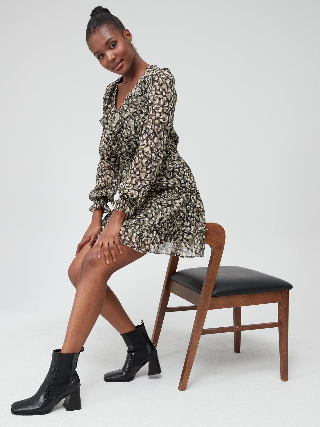  image of v-by-very-frill-neck-tiered-mini-dress-green-animal