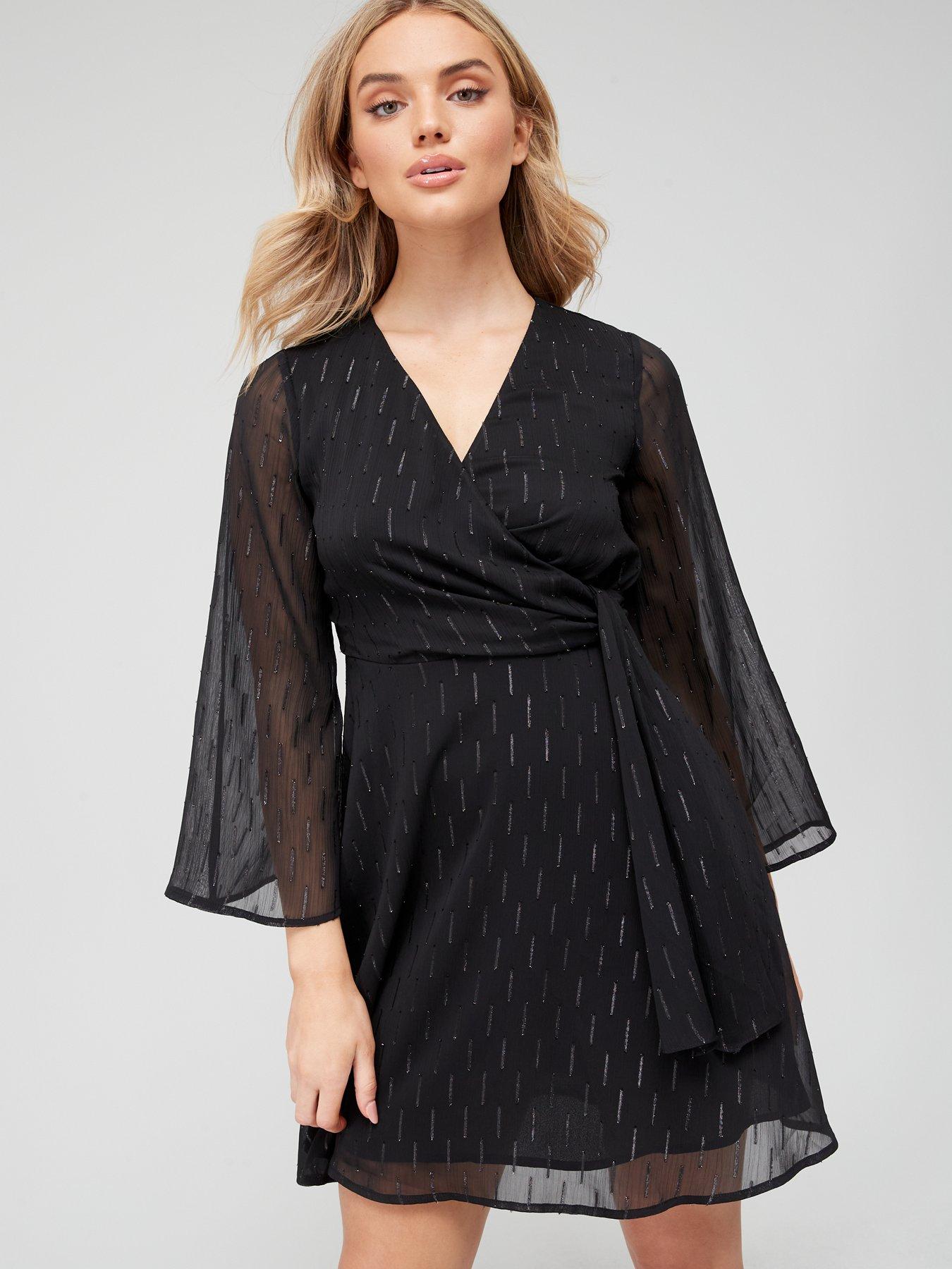 front image of v-by-very-kimono-sleeve-lurex-tie-mini-dress-black