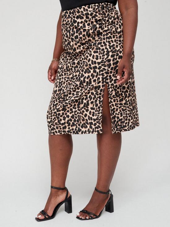 front image of v-by-very-curve-ruched-side-split-jersey-skirt-animal-print