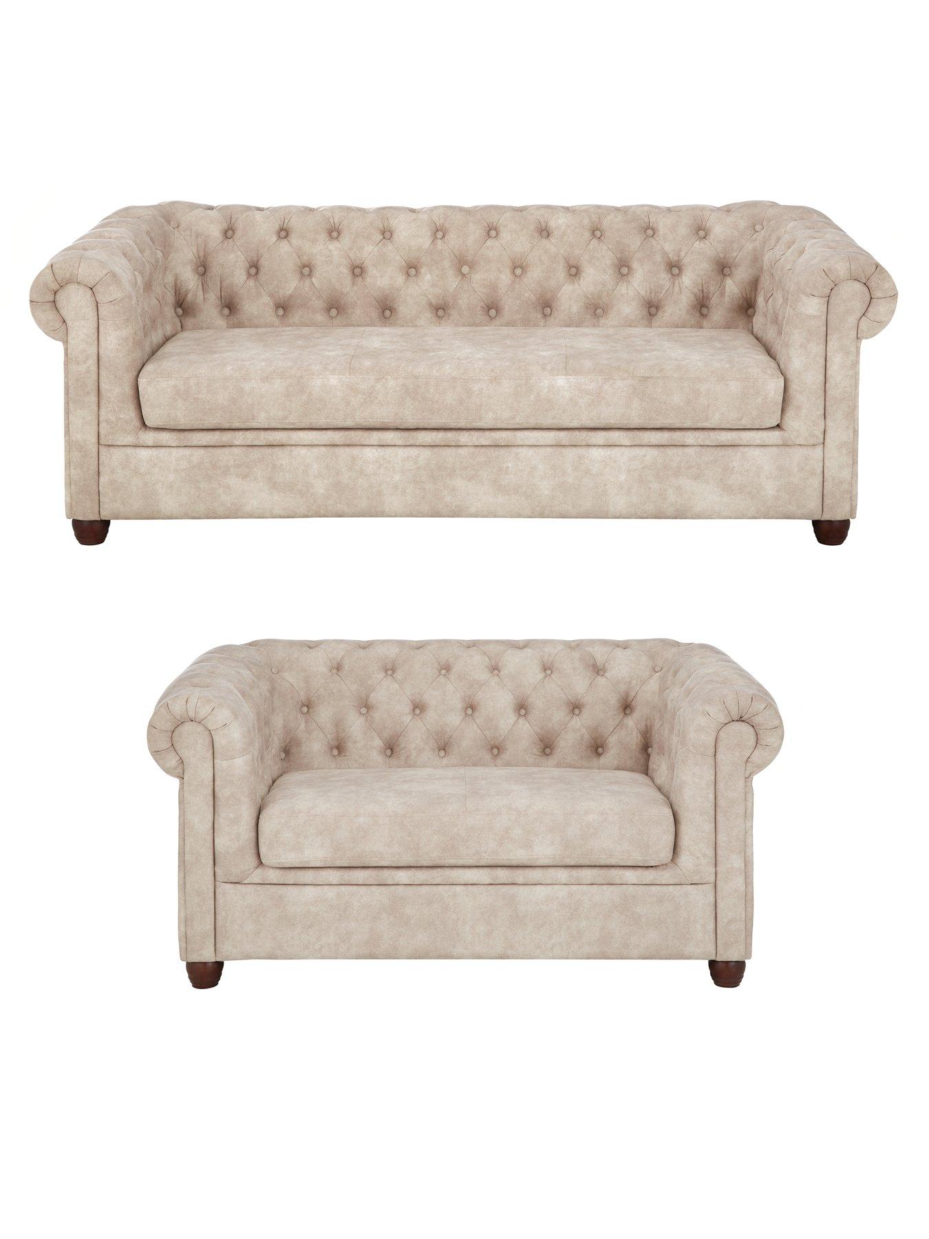 undefined Chester Chesterfield Leather Look 3 Seater + 2 Seater Sofa Set - Pebble (Buy and SAVE!) - FSC Certified