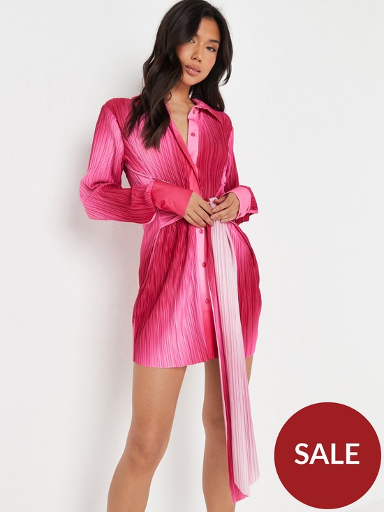 front image of missguided-tie-waist-flare-sleeve-shirt-dress--nbsppink-ombrenbsp