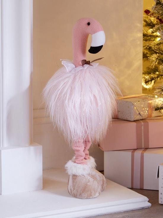front image of fluffy-flamingo-with-extending-legs-christmas-decoration