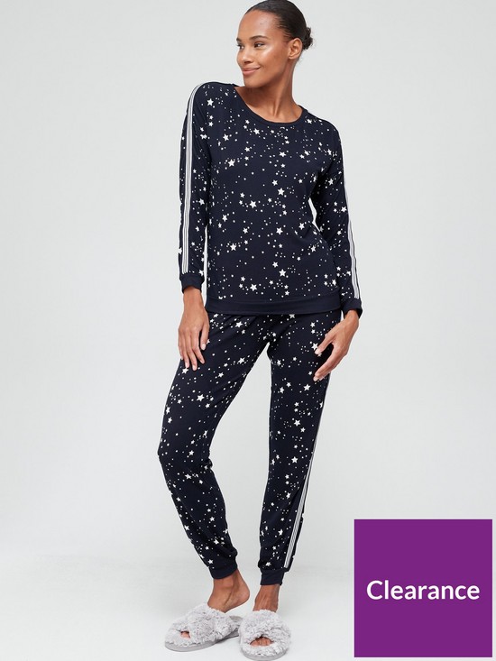 front image of v-by-very-soft-touch-star-crew-and-jog-pants-pyjama-set-navy