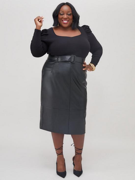 front image of judi-love-belted-pu-midi-skirt-black