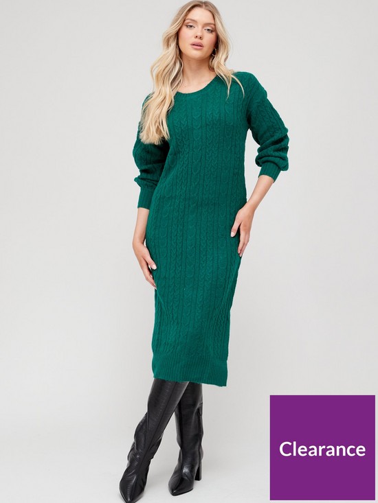 front image of v-by-very-knitted-cable-knit-crew-neck-dress-forest-green