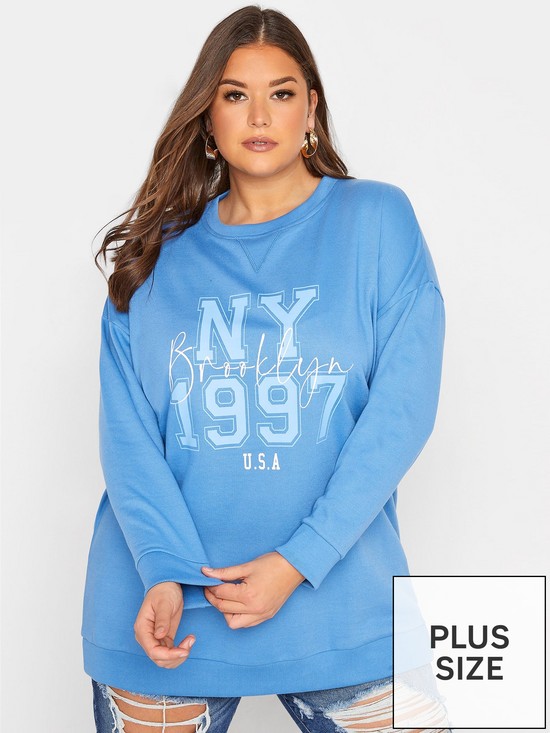 front image of yours-clothing-crew-neck-ny-brooklyn-sweat-top-blue
