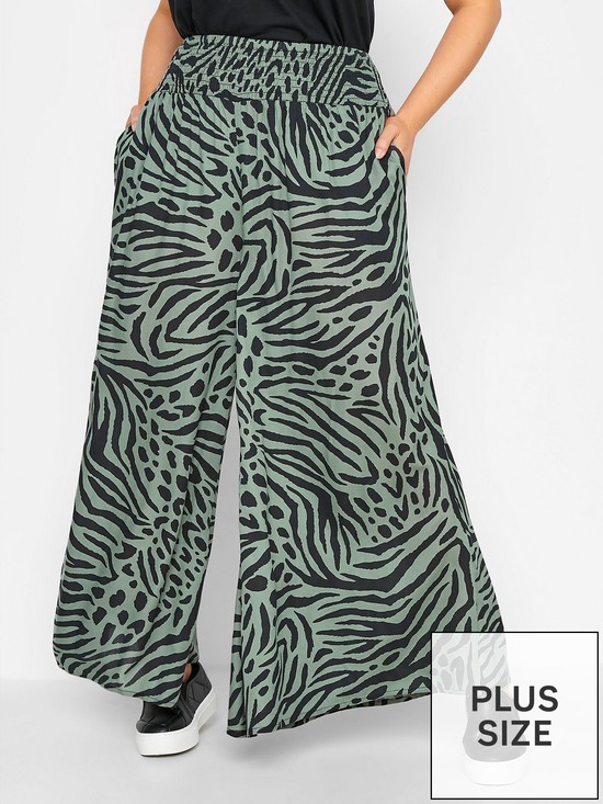 front image of yours-spun-viscose-wide-leg-animal-print-trousers-green