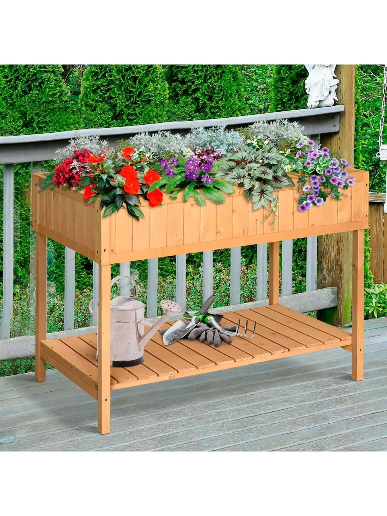undefined Fir Wood Raised Rectangular 8 Compartment Plant Stand