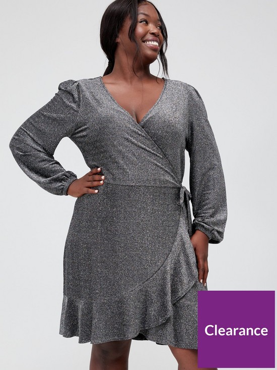 front image of v-by-very-curve-lurex-shimmer-frill-wrap-dress-silver