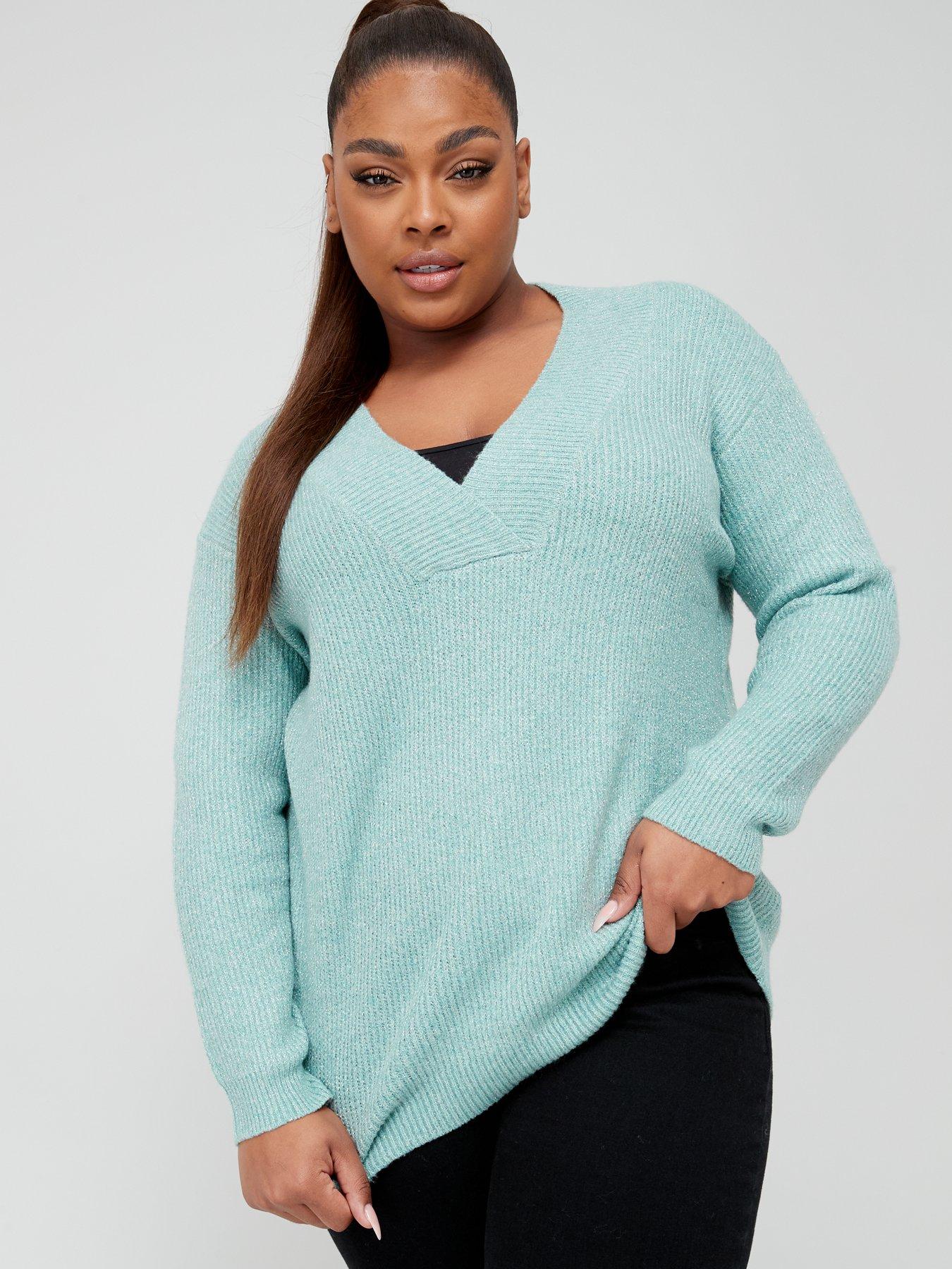 V by Very Curve Sparkle Longline V-Neck Jumper - Green