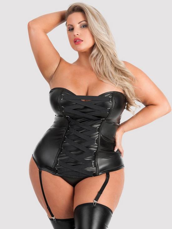 front image of lovehoney-2-piecenbspplus-size-fierce-leather-look-basque-set-black