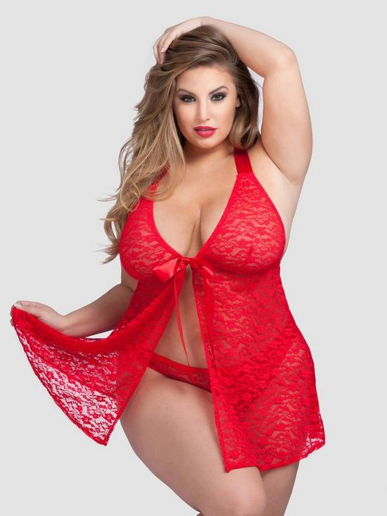 front image of lovehoney-plus-size-unwrap-me-red-lace-babydoll-red