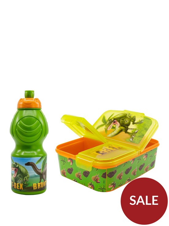 front image of dinosaur-lunch-box-water-bottle