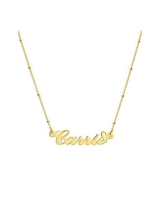 front image of the-love-silver-collection-gold-plated-carrie-font-name-necklace-wi