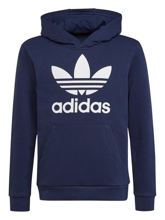 front image of adidas-originals-junior-adicolor-trefoil-hoodie-dark-blue