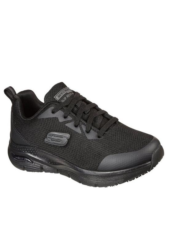 front image of skechers-arch-fit-sr-lace-up-athletic-workwear-trainers-black