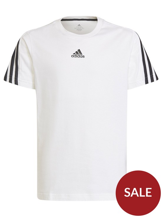 front image of adidas-sportswear-future-icons-junior-boys-3-stripe-short-sleevenbspt-shirt-white