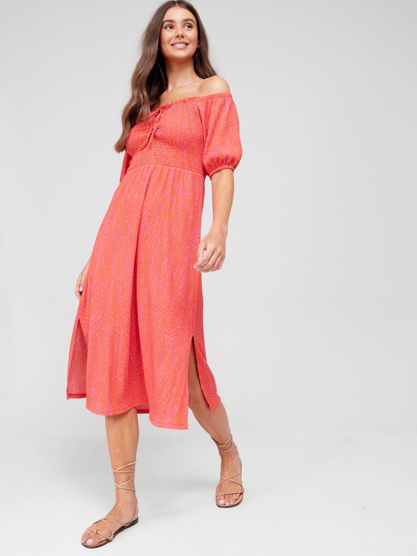 bardot shirred midi dress