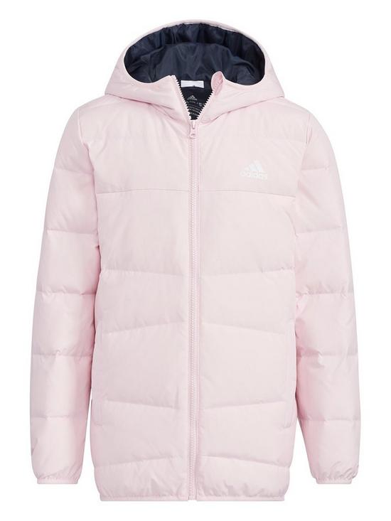 front image of adidas-kids-girls-frosty-down-jacket-light-pink