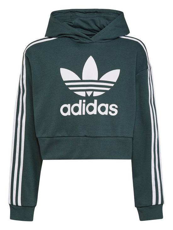 front image of adidas-originals-junior-girls-adicolor-trefoil-cropped-hoodie-dark-green