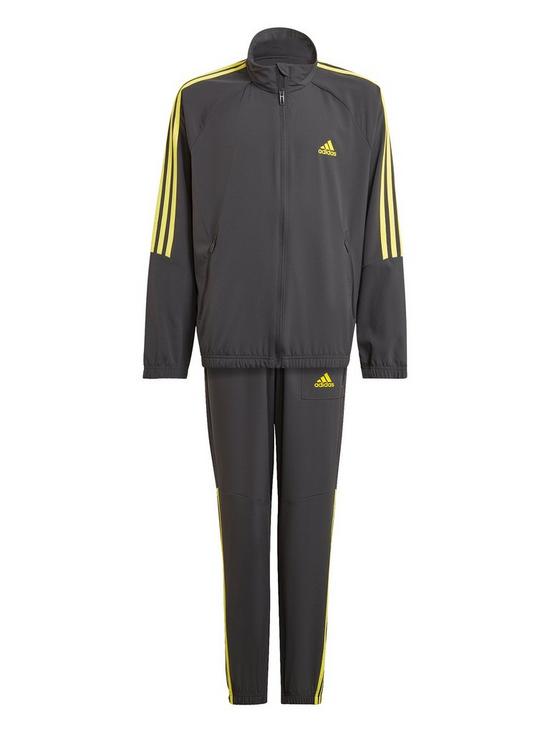 front image of adidas-kids-boys-3-stripe-full-zip-tricot-tracksuit-dark-grey