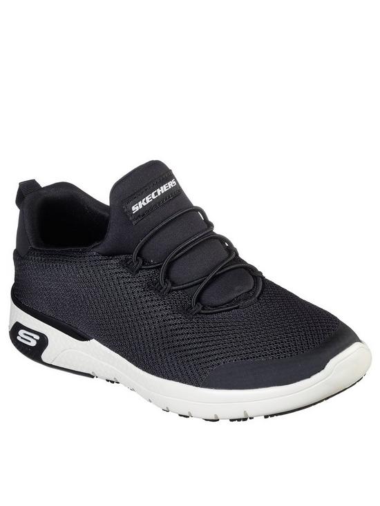 front image of skechers-marsing-athletic-slip-on-bungee-workwear-trainers-black