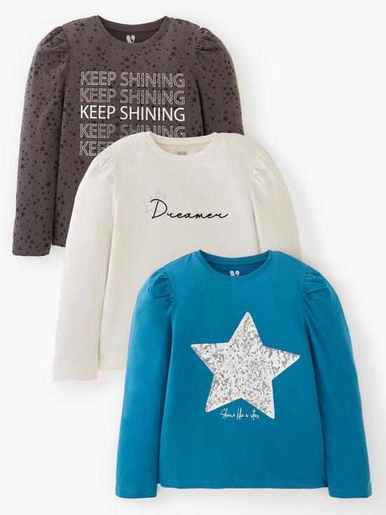 front image of v-by-very-girls-3-pack-long-sleeve-sequin-star-slogan-t-shirts-multi