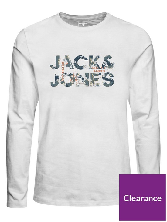 front image of jack-jones-junior-boys-tech-logo-long-sleeve-t-shirt-white