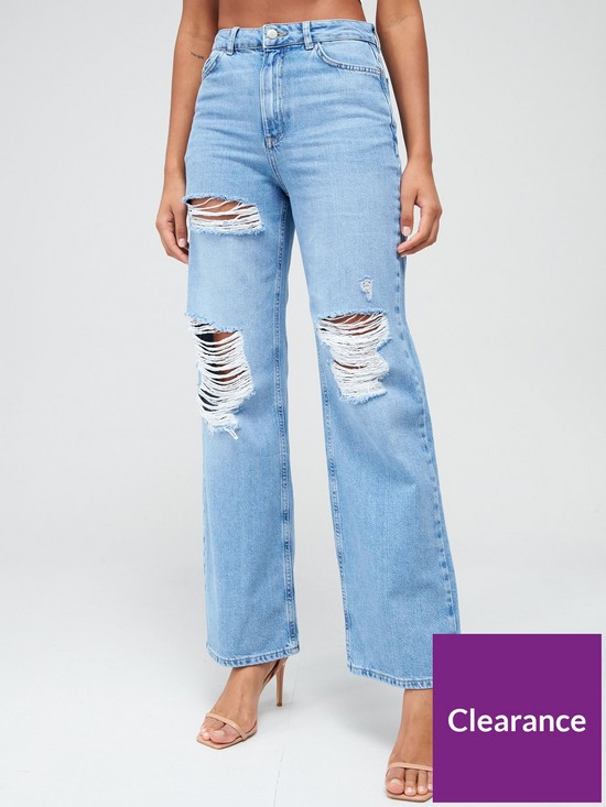 front image of v-by-very-tallnbsphigh-waist-wide-leg-jean-with-rips-mid-wash