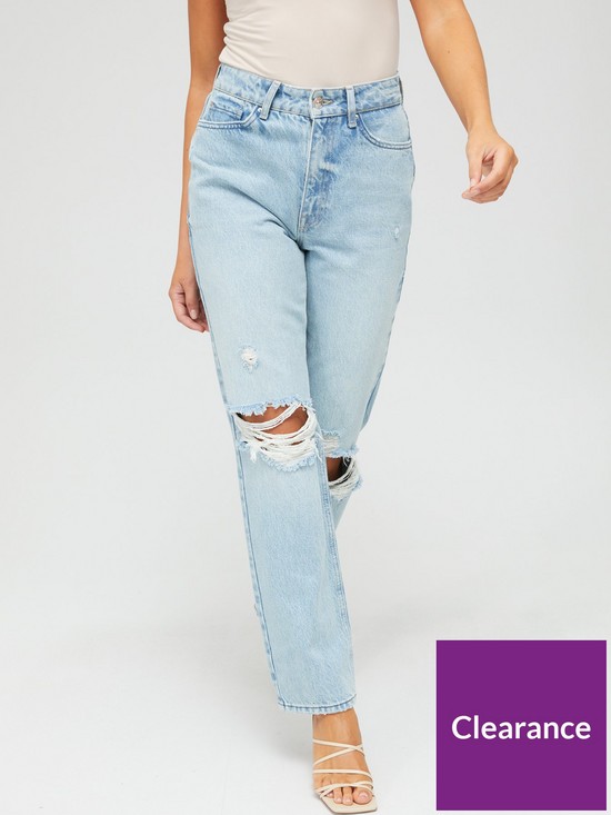 front image of v-by-very-high-waist-loose-straight-jean-with-rips-light-wash-blue