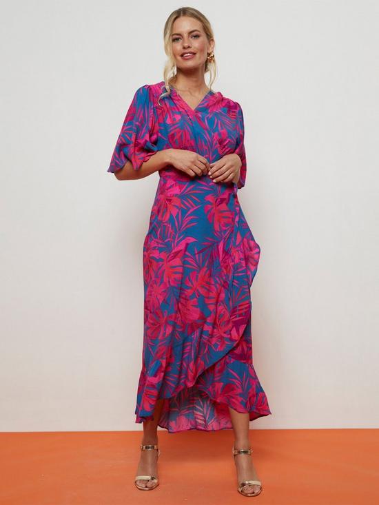 front image of wallis-teal-palm-wrap-dress