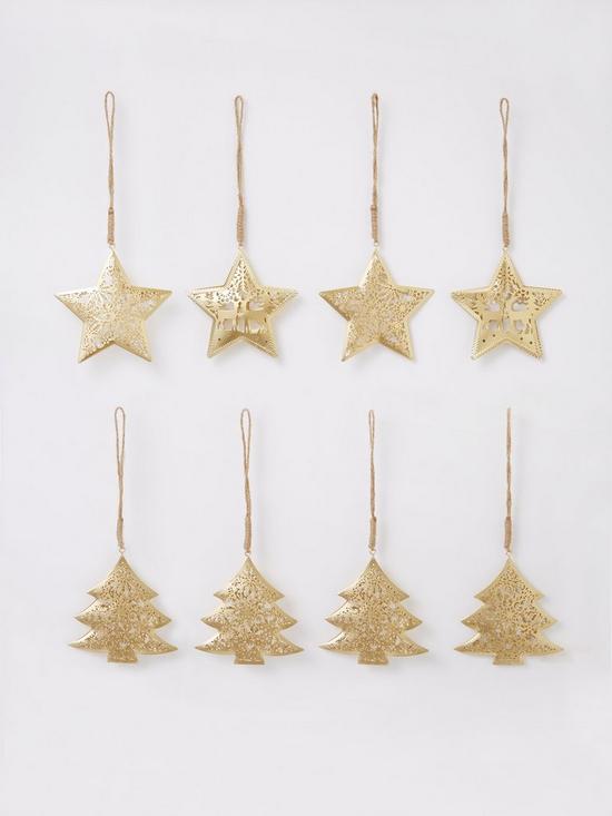 stillFront image of festive-set-of-8-filigree-metal-christmasnbsptree-ornaments--nbspgold